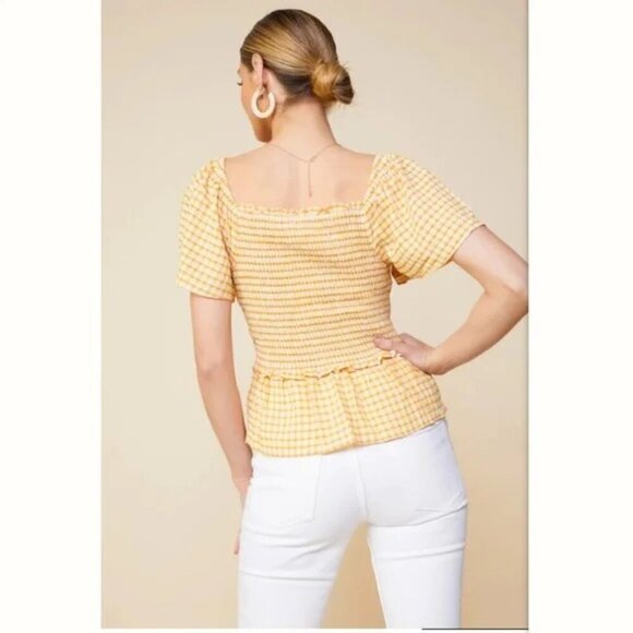 💕SKIES ARE BLUE💕 Checkered Smocked Top Yellow Mustard Gingham Print Large NWT - Picture 3 of 12